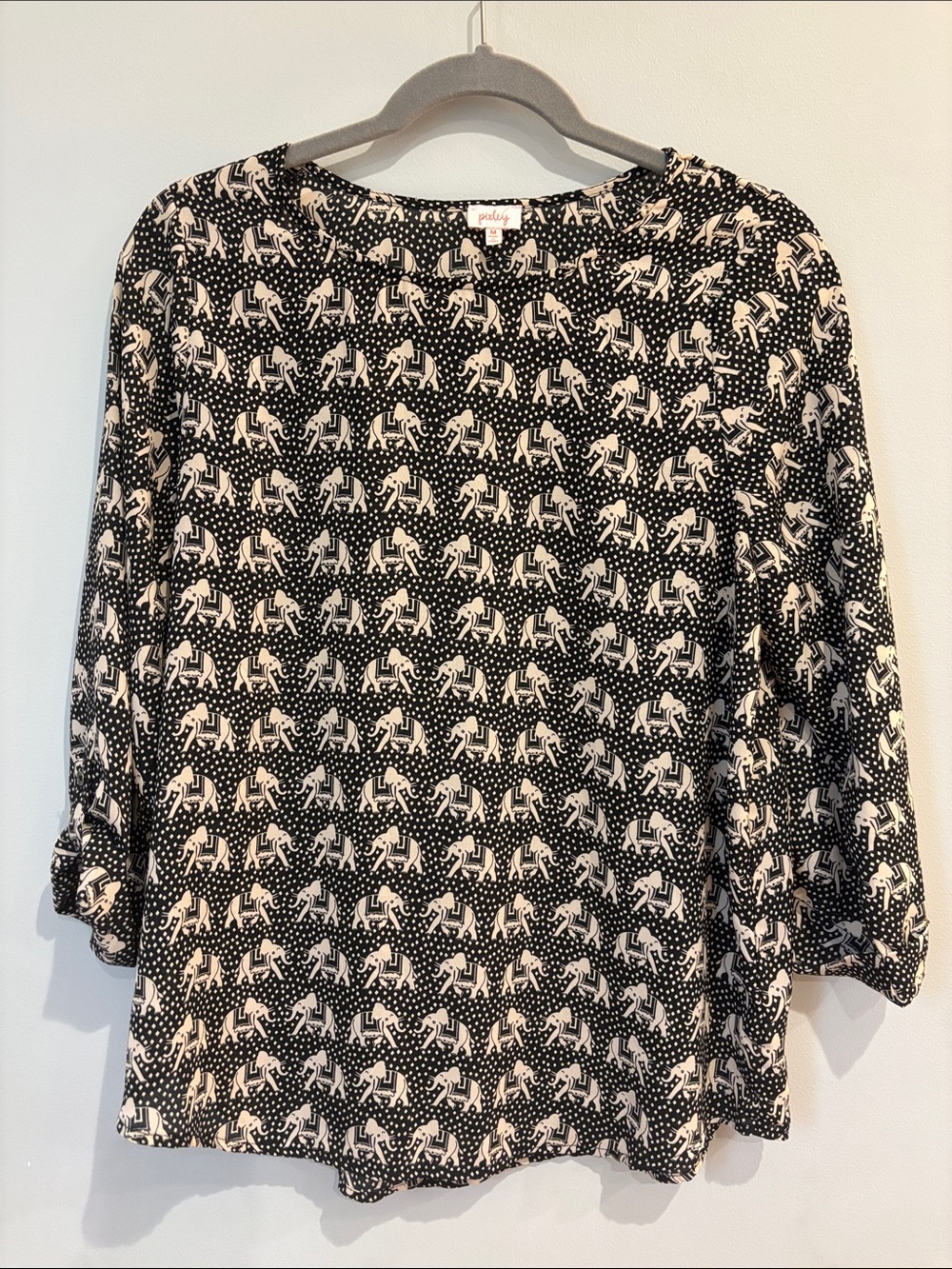 Pixley by Stitch Fix Black and Cream Elephant-Print Roll Tab Sleeve Blouse